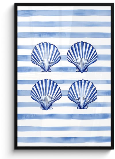 Poster in lijst - Fotolijst 80x120 cm - Posters - Vier schelpen - Blauw - Wit - Strepen - Posterlijst zwart - Decoratie - Wanddecoratie woonkamer - Muurdecoratie slaapkamer