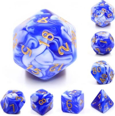 Polyset Dice | Dobbelstenen - Set Van 7 Stuks - Blauw Wit Marmer Transparant Doorzichtig Goud| Voor D&D en Andere Rollenspellen | Plastic Dobbelstenen Set voor Dungeons and Dragons | Polyhedral Dice Set | Mooie Zwarte Velvet Dice Bag voor 3 Sets