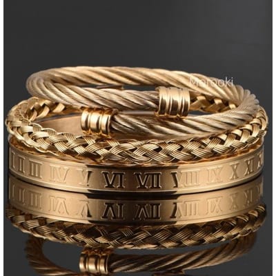 Luxe 3 stuks / Set roestvrijstalen armband Hip Hop Heren sieraden Romeinse cijfers Charm Goudkleurige sieraden voor heren Pulseira Bileklik brown