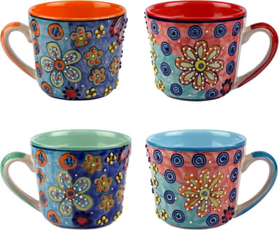 Set van 2 Grote Koffiemokken 450 ml Handgeschilderd Met Bloemmotief