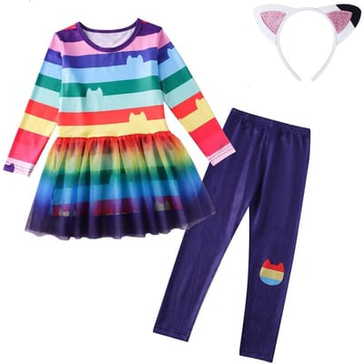 Meisjes Gabby Verkleden Kostuum Poppenhuis Cartoon Rollenspel 2 Delige Sets Gestreept Tule Jurkjes Kinder Spel Speel Thema Jurk 9-10T Tag-150 blue