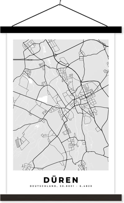 Posterhanger incl. Poster 40x60 cm - Schoolplaat - Plattegrond - Duitsland - Düren - Kaart - Stadskaart - Textielposter - Zwarte latten - Stadskaart