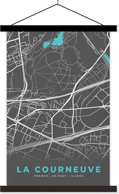 Posterhanger incl. Poster 40x60 cm - Schoolplaat - La Courneuve - Stadskaart - Kaart - Plattegrond - Frankrijk - Textielposter - Zwarte latten - Stadskaart