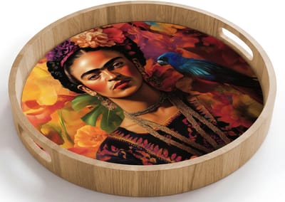 Dienblad rond 40x40 cm - Schootdienblad hout - Vrouw - Bloemen - Papegaai - Schilderachtig - Borrelplank rechthoek - Plateau houten dienbladen
