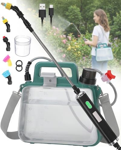Elektrische drukspuit 8L (2,1 Gallon) Groen – USB oplaadbaar – inklapbaar & compact design – 4 sproeikoppen – telescopische lans – LED-indicator – afsluitventiel – verstelbare draagriem – draagbare tuinsproeier voor tuin & gazon