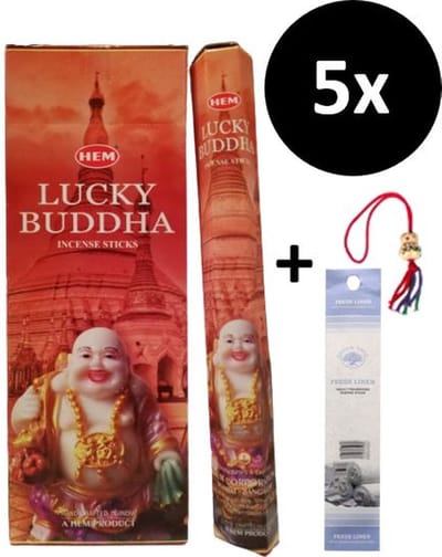 Wierook - Wierookstokjes - 5 Kokers - 100 Stokjes + 5 Mini Stokjes En 1 Gelukspoppetje - Geur Lucky Buddha