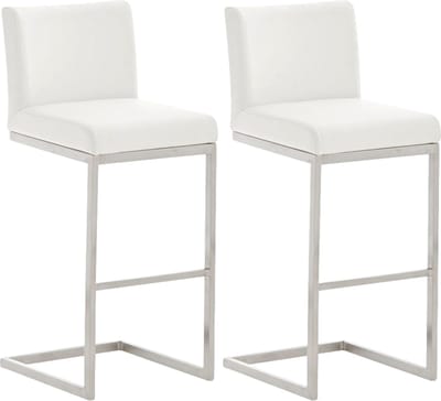 CLP Paros Set van 2 barkrukken - RVS Frame - Rugleuning & Voetsteun - Draagkracht 240 kg - Design Barkruk - Kunstleer - wit