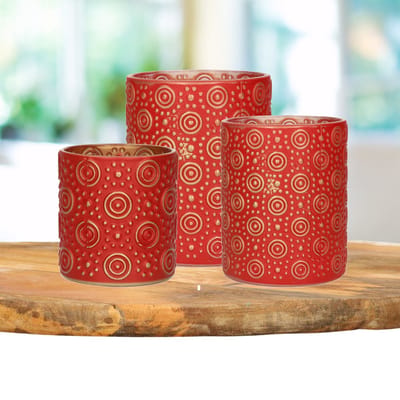 Countryfield Theelichthouders set - 3x - rood/goud - glas - luxe kaarsenhouders
