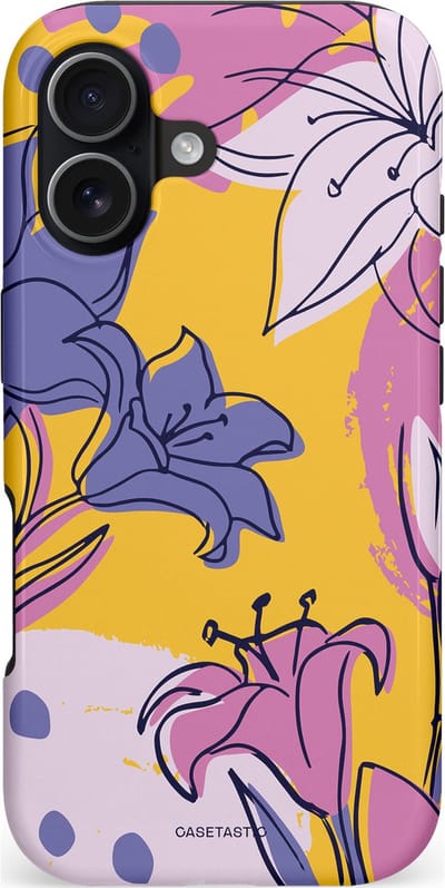 Casetastic hoesje geschikt voor Apple iPhone 17 - MagSafe - Dubbellaagse bescherming - Paarse Lelie Kunst - Fashion Case - Lila Goud Lichtgrijs
