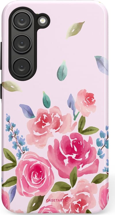 Casetastic hoesje geschikt voor Samsung Galaxy S23 - Dubbellaagse bescherming - Aquarel Bloesem - Fashion Case - Lichtroze Lila Saliegroen