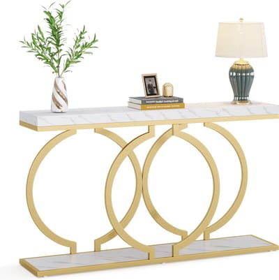 TRIBESIGNS Consoletafel - Sidetable met O-vormige gouden metalen poten - Haltafel - Wandtafel - 140x30x80 cm - Goud / Wit - Metaal / Hout - Modern - Console Tafel