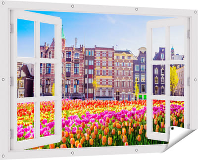 Gards Tuinposter Doorkijk Amsterdamse Huisjes met Tulpen - Kleur - 150x100 cm - Tuindoek - Tuindecoratie - Wanddecoratie buiten - Tuinschilderij