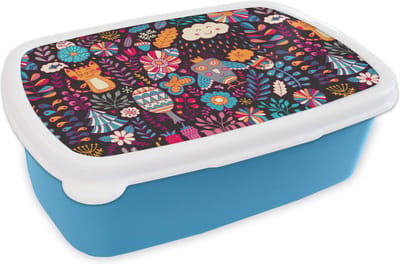 Broodtrommel Blauw - Lunchbox - Brooddoos - Patroon - Uil - Kat - Bloemen - 18x12x6 cm - Kinderen - Jongen