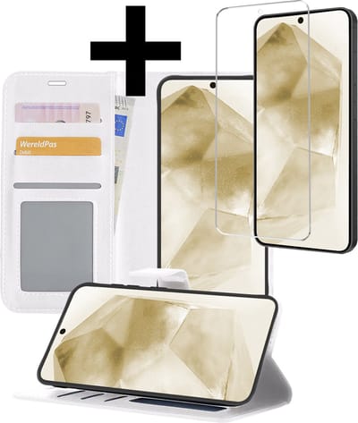 Hoesje - Met Screenprotector - Geschikt voor Samsung Galaxy A55 - Luxe Pasjeshouder - Bookcase Portemonee - Flip Case - Kunstleer Book Case - Flipcase - Book Cover - Walletcase - Portemonneehoes - Telefoonhoesjes - Wit