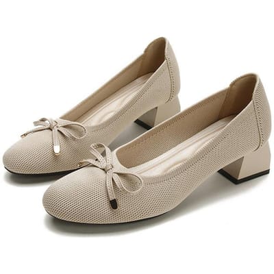 Ballet Hoge Hak Schoenen Voor Vrouw Basis Pumps Tweekleurige Stiksels Rond Strik Gaas Hol Mode Feest Enkele Schoenen 35 gray