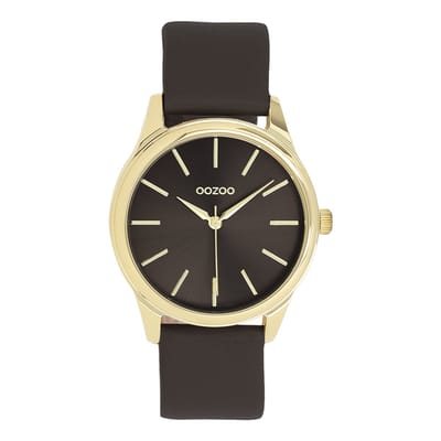 OOZOO Timepieces - Goudkleurige OOZOO horloge met donker bruine leren band - C11678