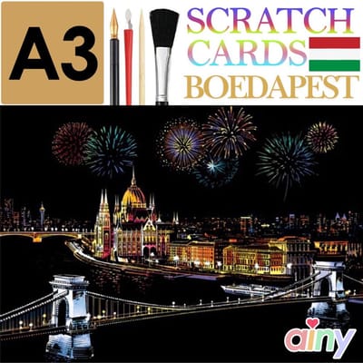 Ainy - Scratch Art Boedapest (A3) | DIY kras tekeningen incl. gereedschappen | Schilderen op kleuren kunst kraskaart | hobby & creatief voor volwassenen en kinderen ( meisjes ) | Knutselen - ontspanningspakket | Schilderijen set nummer 12