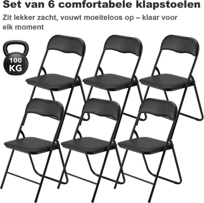BARDI Set van 6 - Klapstoel - Vouwstoel - Opvouwbare Stoel - Comfortabel & Lichtgewicht - 100kg draagkracht - 43 x 38 x 87 cm - PVC - Eettafelstoel - ZWART