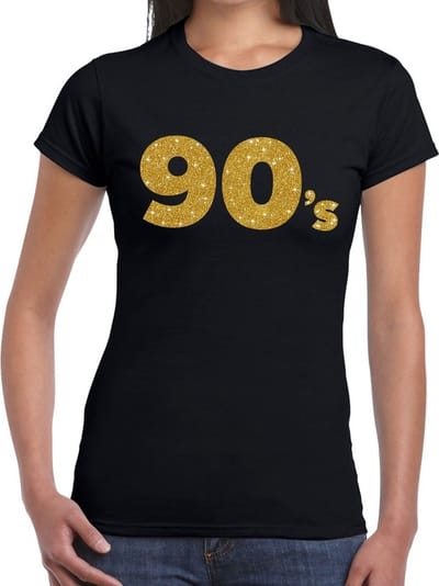 Nineties party verkleed t-shirt - 90's goud glitters - zwart - dames - thema feestkleding XS