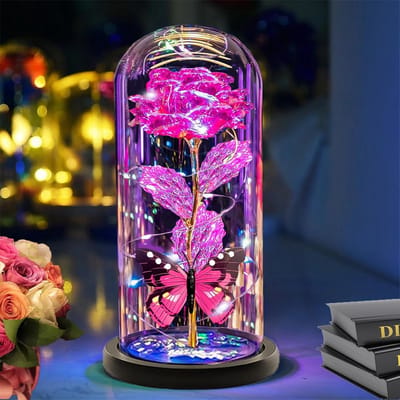 Verlichte Glazen Roos met Sterrenhemel en Bloemen voor Cadeau