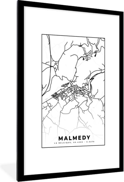 Fotolijst incl. Poster Zwart Wit- Plattegrond – Malmedy – Zwart Wit – Stadskaart - Kaart - België - 80x120 cm - Posterlijst