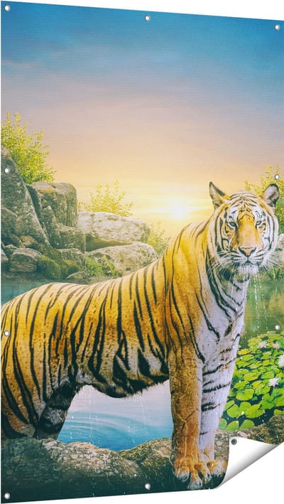 Gards Tuinposter Luipaard in een Vijver bij Zonsondergang - 100x150 cm - Tuindoek - Tuindecoratie - Wanddecoratie buiten - Tuinschilderij