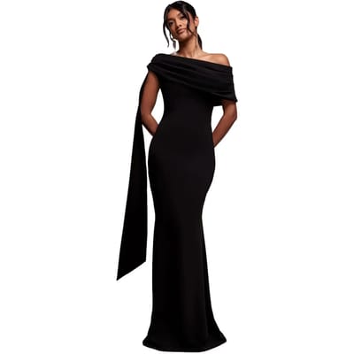 Asymmetrische lange bodycon jurk Bardot met ceintuur vrouw Goddiva