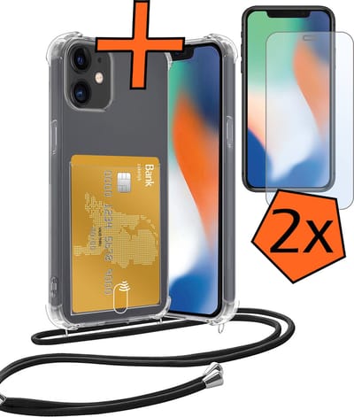 Hoesje Geschikt voor iPhone 12 Hoesje Met Telefoonketting Pasjeshouder Shockproof Case Met 2x Screenprotector Koord - Hoesje Geschikt voor iPhone 12 Hoes Met Kaarthouder - Transparant