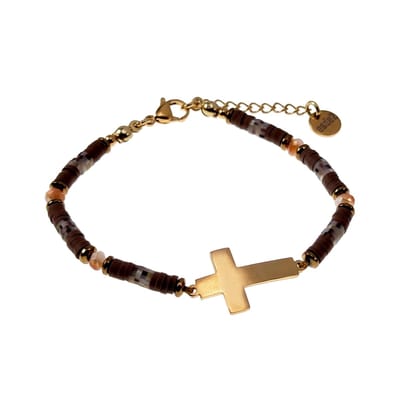 Polymeerklei Armband Dames - Bruin-Wit Armband met Kruishanger - Verguld RVS - Verstelbaar - Handgemaakt