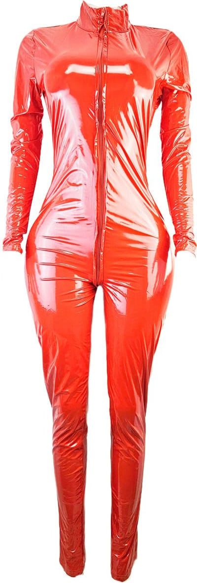 BamBella ® - Jumpsuit - Maat M - Datex (Mix van latex en stof) wetlook pak overall Rood
