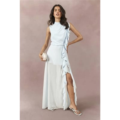 boohoo Dames Chiffon Maxi Jurk Met Hoge Hals En Ruche Detail | Stoffig Blauw | Maat: 36