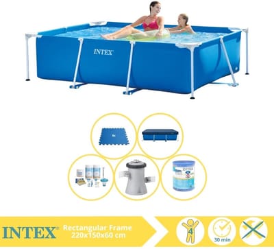 Intex Rechthoekig Frame Zwembad - 220 x 150 x 60 cm - Blauw - Inclusief Afdekzeil - Onderhoudspakket - Zwembadfilterpomp - Filter - Vloertegels - 6-delig