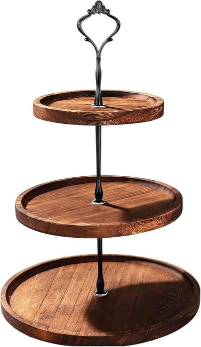 Cake Stand 3 Laags Houten Taartstandaard - Met Metaal Handvat - Perfect voor Taarten en Gebak - ShopVlot