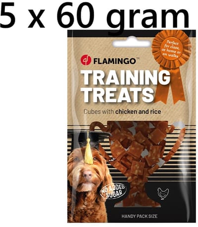 Flamingo trainingssnacks voor honden vanaf 6 maanden - blokjes met kip en rijst 60 gr *** 5 X *** = 300 gram - geen toegevoegde suikers - zeer lekker als trainingssnack of verwennerij voor uw lieve schat