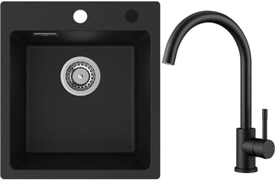 CECIPA max Spoelbak Keuken 40x45cm - Spoelbak Graniet Met Keukenkraan - Enkele Spoelbak - Spoelbakken Keuken Opbouw - 80% Kwarts Zand Keuken Spoelbak - Zwart