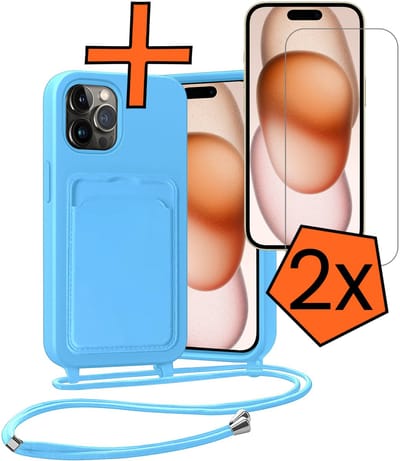 Hoesje Geschikt voor iPhone 14 Pro Hoesje Met Telefoonketting Pasjeshouder Case Met 2x Screenprotector Koord - Hoesje Geschikt voor iPhone 14 Pro Hoes Met Kaarthouder - Lichtblauw