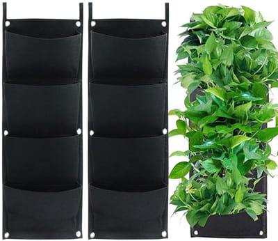 Set van 2 verticale plantenzakken om op te hangen, 4 zakken, dik vilt, voor balkon, buiten, tuin, binnenplaats, kantoor, woondecoratie (zwart)