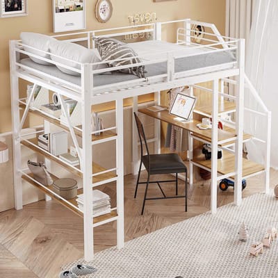 MODENUIT Hoogslaper 140x200 cm – Met Bureau en Kast – Trap met Opbergruimte – Zonder matras – Metaal en Hout – Wit