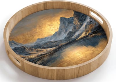 Dienblad rond 40x40 cm - Schootdienblad hout - Berglandschap met Gouden Zonsondergang - Borrelplank rechthoek - Plateau houten dienbladen