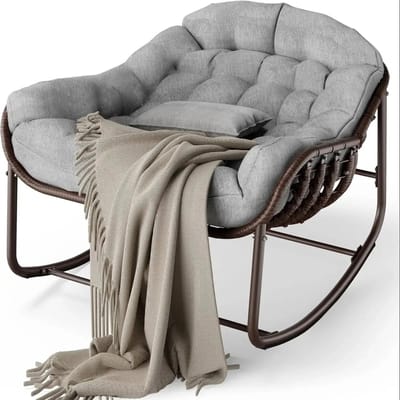 Stervia Schommelstoel - Ei Stoel - Egg Chair - Relaxfauteuil - Fauteuil - Loungestoel - Buiten En Binnen - Bruin Met Grijs Kussen - 94 x 83 x 64 cm