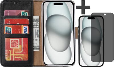 Hoesje met Privacy Screenprotector Geschikt voor iPhone 15 – Arara bookcase met pasjeshouder - Zwart