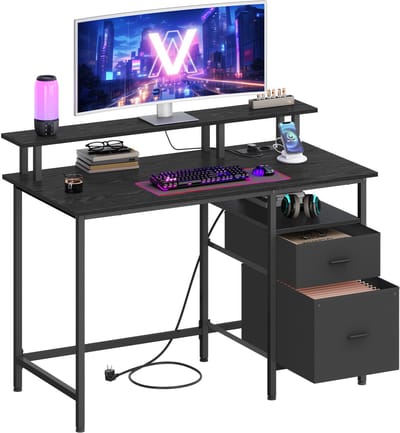 VASAGLE - Bureau - Computertafel met Stoffen Lades - LED-Verlichting - Monitorstandaard - Stopcontacten