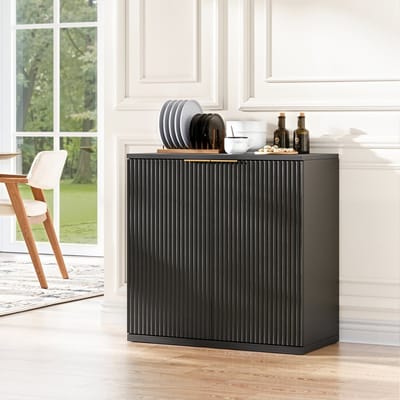 MODFU Opbergkast Met Geribbelde Fronten En Metalen Greep - Modern - Voor Woonkamer Of Slaapkamer - MDF - Zwart - 80x40x80 Cm