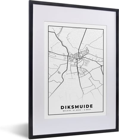 Fotolijst incl. Poster Zwart Wit- België – Diksmuide – Stadskaart – Kaart – Zwart Wit – Plattegrond - 30x40 cm - Posterlijst