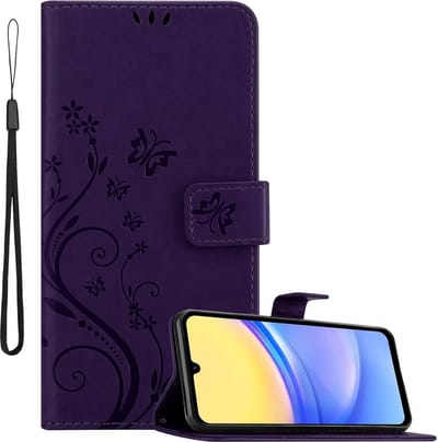 Cadorabo Hoesje geschikt voor Samsung Galaxy A15 in BLOEMEN DONKER PAARS - Beschermhoes in bloemmotief met magnetische sluiting, standfunctie en kaartsleuven Book Case Cover Etui