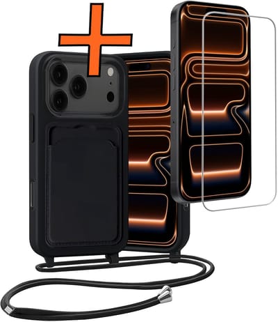 Hoesje Geschikt voor iPhone 17 Pro Hoesje Met Telefoonketting Pasjeshouder Case Met Screenprotector Koord - Hoesje Geschikt voor iPhone 17 Pro Hoes Met Kaarthouder - Zwart