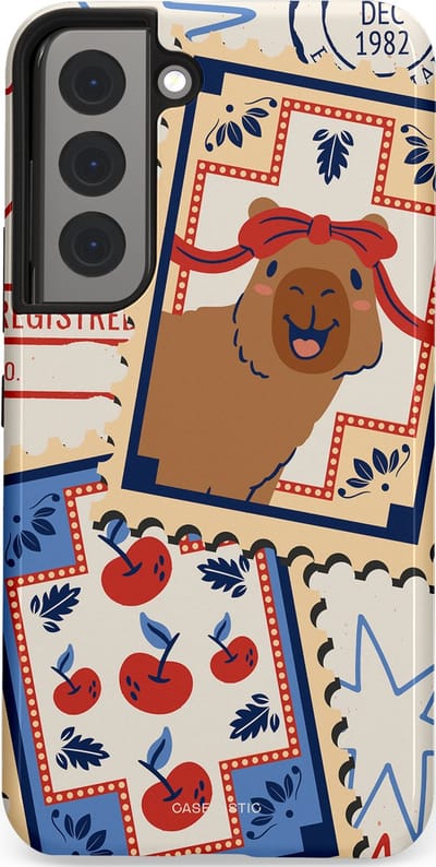 Casetastic hoesje geschikt voor Samsung Galaxy S22 - Dubbellaagse bescherming - Kerst Capibara Post van de Noordpool - Fashion Case - Lichtgrijs Zand Terracotta