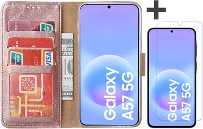 Hoesje met Screenprotector Geschikt voor Samsung Galaxy A57 – Arara bookcase met pasjeshouder - Rosegoud