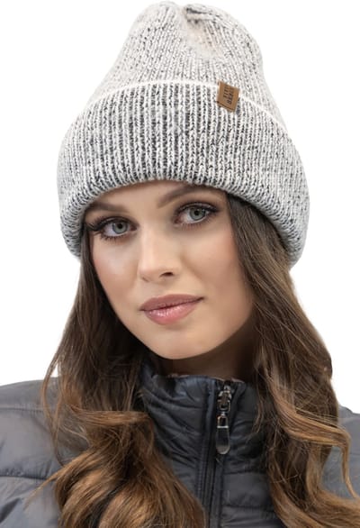 Vivisence Dames Wintermuts - Wol En Lamswol Met Tweekleurig Breisel En Omgeslagen Rand - Comfortabele Nauwsluitende Pasvorm Voor Warme Oren Tijdens Koude Dagen Zonder Fleecevoering Ademend Zacht - Grijs