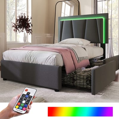 MEUNIQ eenpersoonsbed 90x200 cm met LED-verlichting, 2 lades en verstelbaar hoofdeinde, grijs gestoffeerd bedframe met houten lattenbodem voor slaapkamer